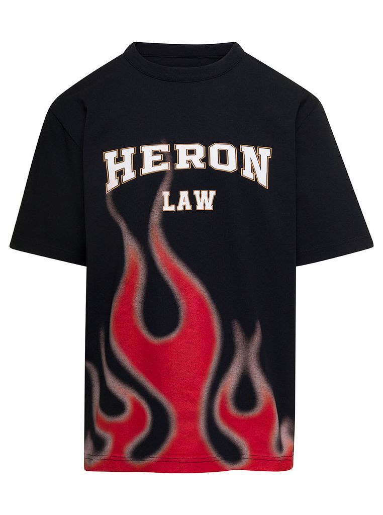 Black Crewneck T-Shirt With Logo And Flame Print In Cotton Man