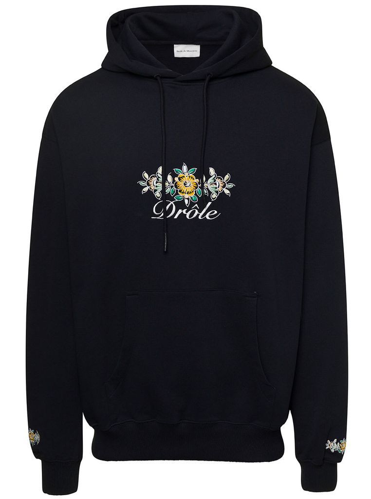 Black Hoodie Drôle Fleuri With Logo On The Chest In Cotton Man