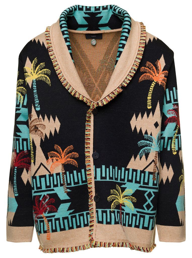 Black Jacquard Cardigan With Palm Motif All-Over In Wool Man