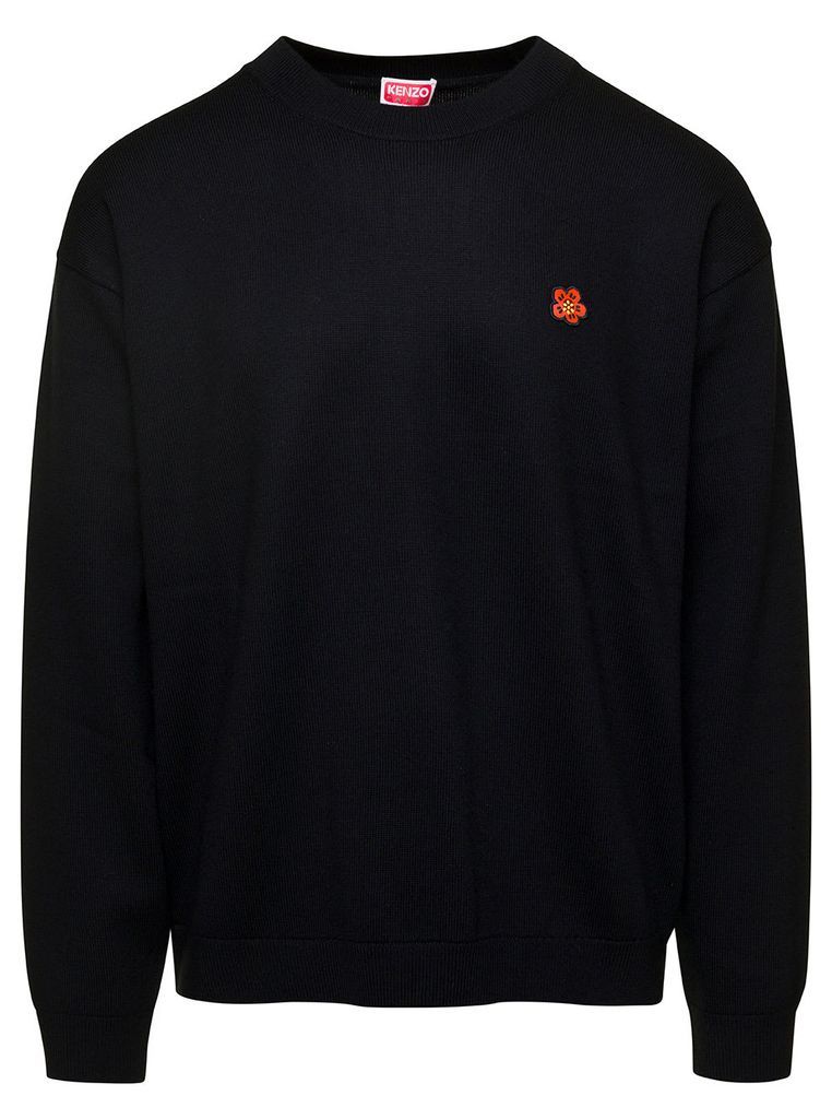 Black Knit Jumper With Boke Flower Logo Patch On The Chest In Wool Man