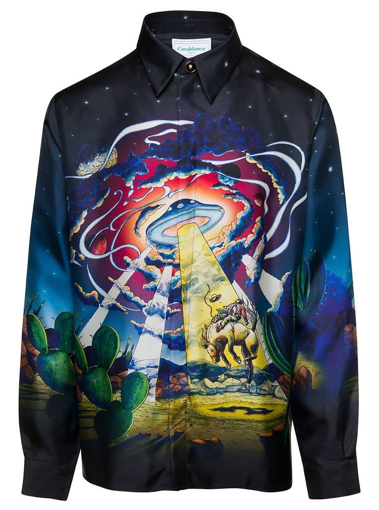 Black Long-Sleeve Shirt With Graphic Print In Silk Man