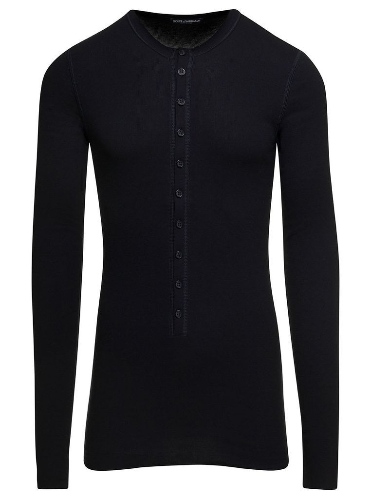 Black Long-Sleeve Top With Button Fastening In Cotton Man