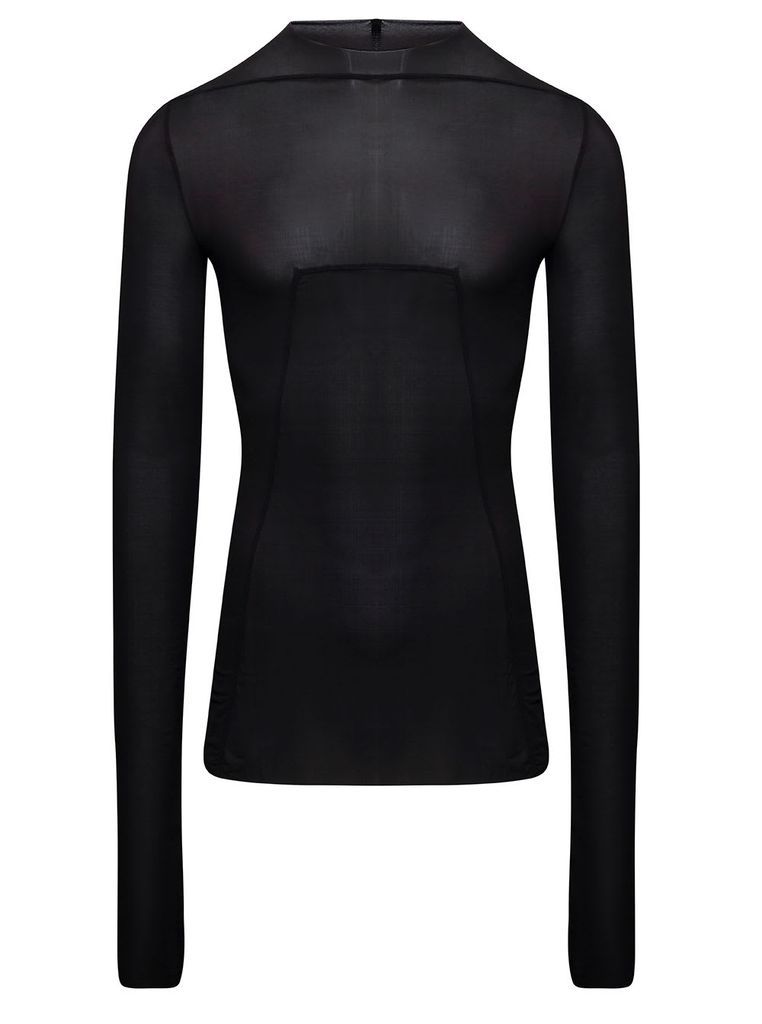 Black Long-Sleeve Top With Contrasting Stitching In Stretch Cupro Man