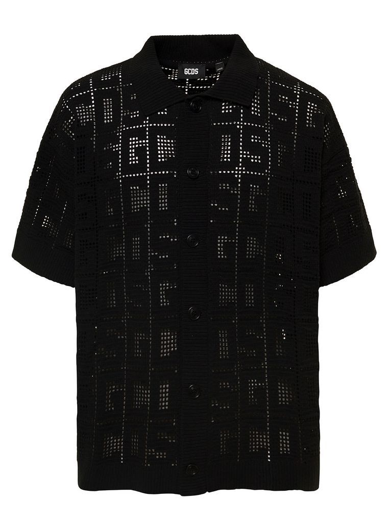Black Monogram Macramè Shirt With Logo Motif All-Over In Cotton Man