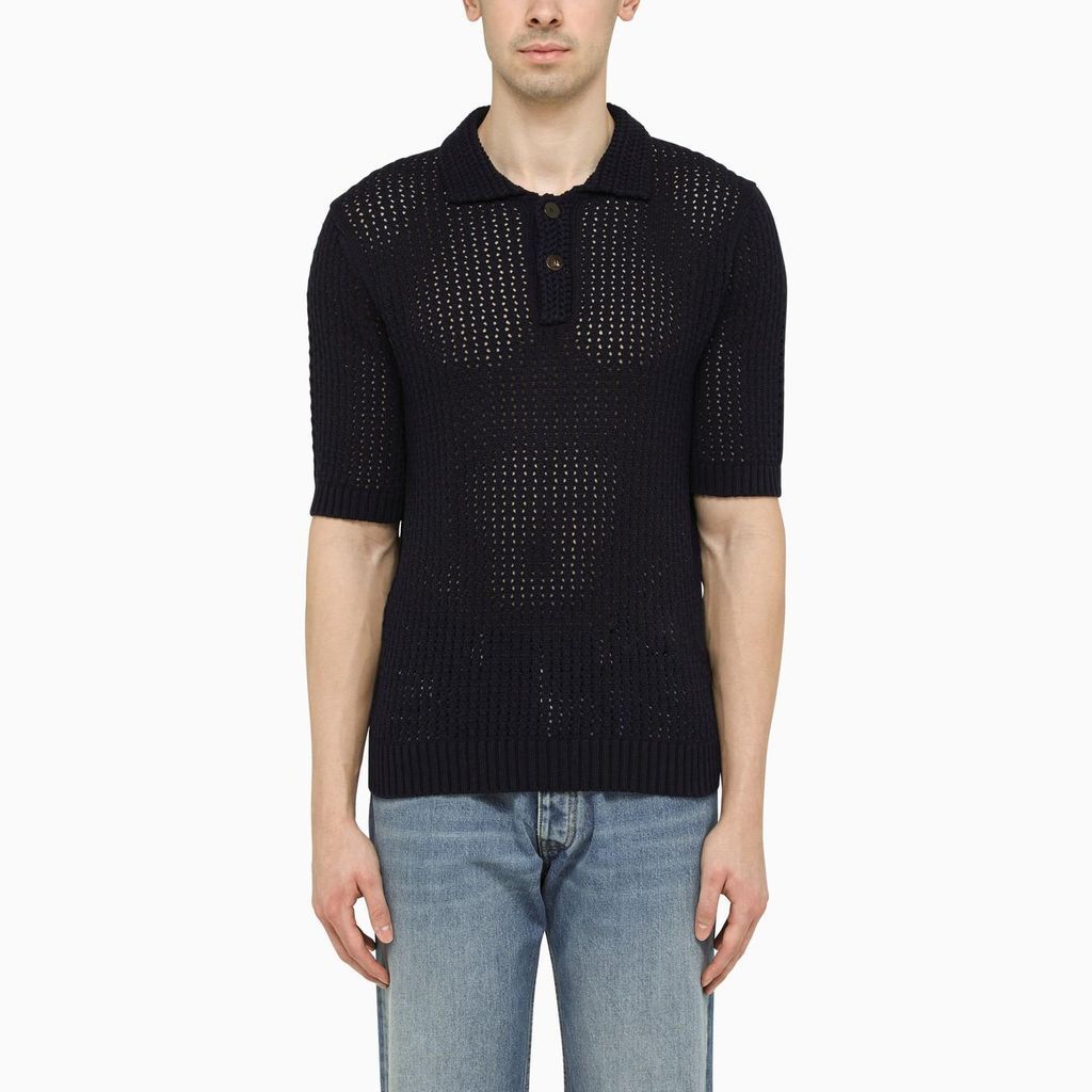 Black Perforated Knitted Polo Shirt