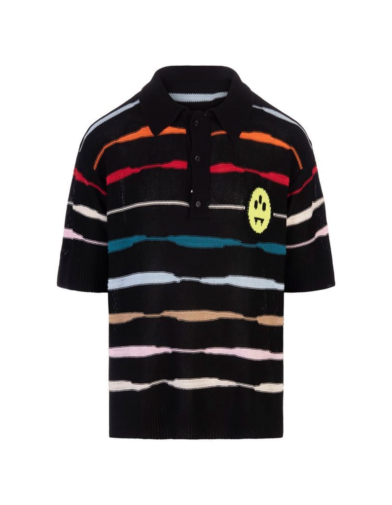 Black Polo Shirt With Logo And Multicolour Stripes