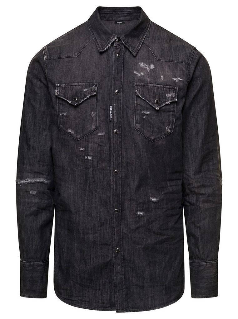 Black Shirt With Destroyed Effect In Cotton Denim Man