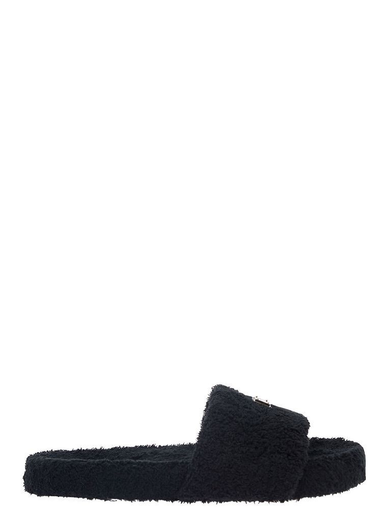 Black Slide Sandal With Logo Plaque In Terrycloth Man