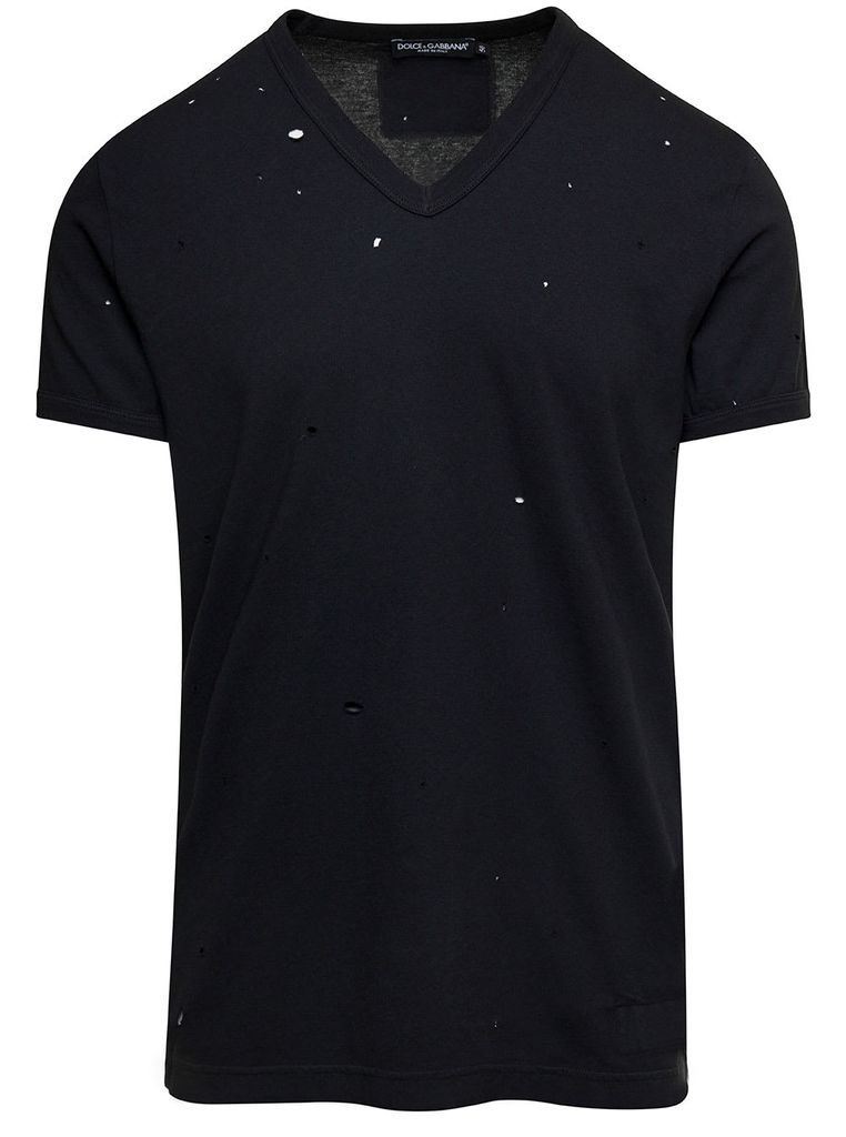 Black T-Shirt With All-Over Rips And Ri-Edition Logo Patch In Cotton Man
