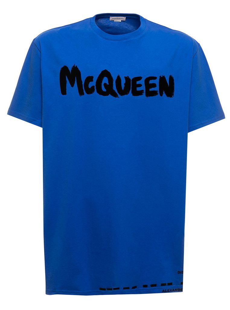 Blue Cotton T-Shirt With Logo Print Alexander Mcqueen Man