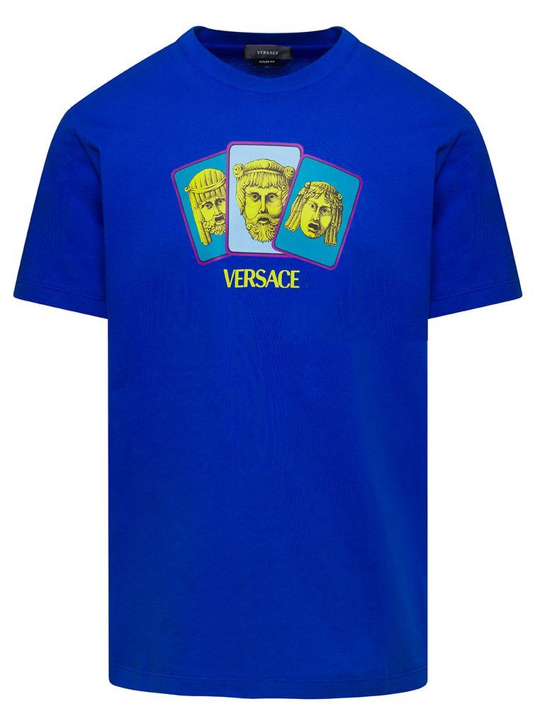 Blue T-Shirt With Masque Print On The Front In Cotton Man