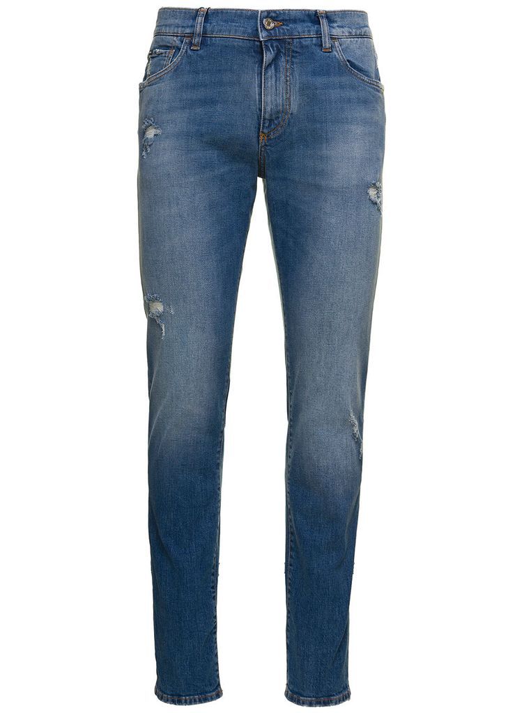 Blue Distressed Slim-Fit Jeans In Cotton Denim Man Dolce & Gabbana
