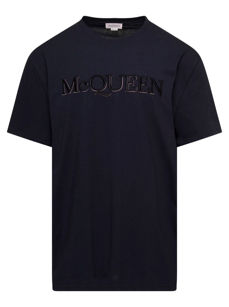 Blue Crewneck T-Shirt With Logo In Cotton Man Alexander Mcqueen