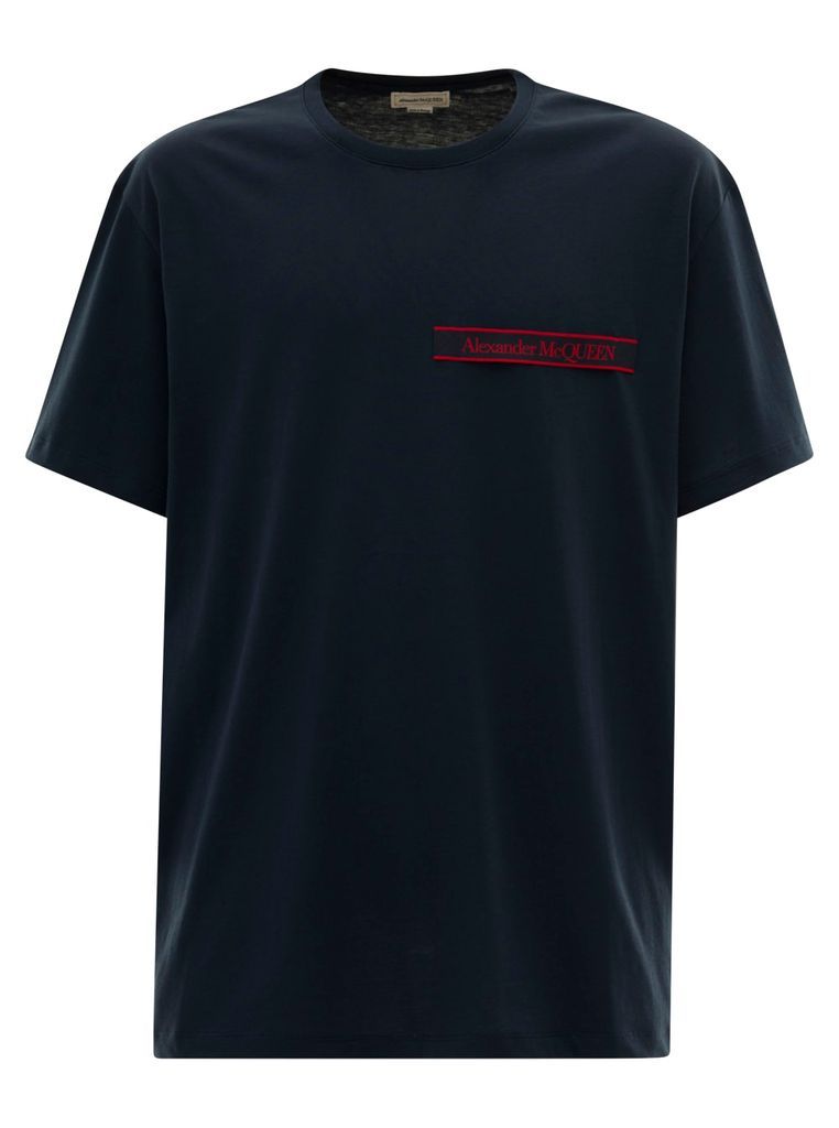 Blue Crewneck T-Shirt With Logo In Jersey Man Alexander Mcqueen