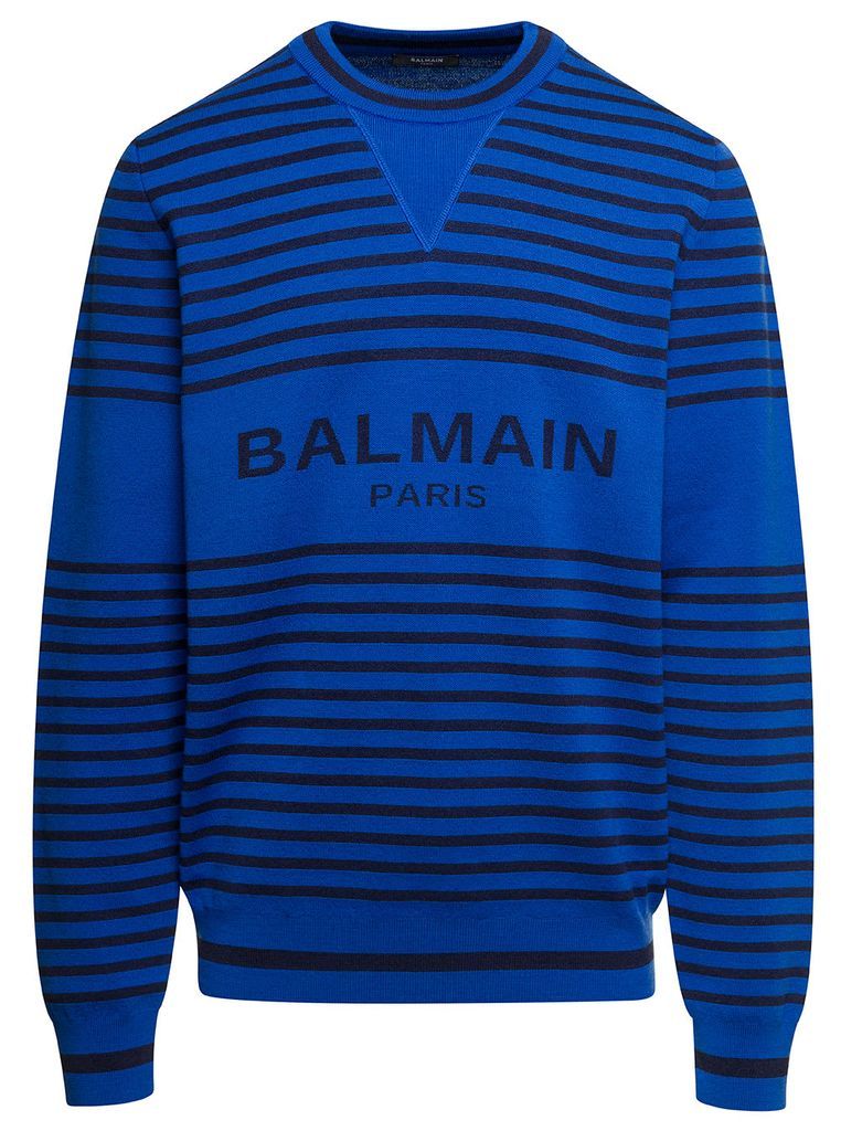 Blue And Black Striped Crewneck Sweatshirt With Front Logo Print In Wool And Linen Blend Man
