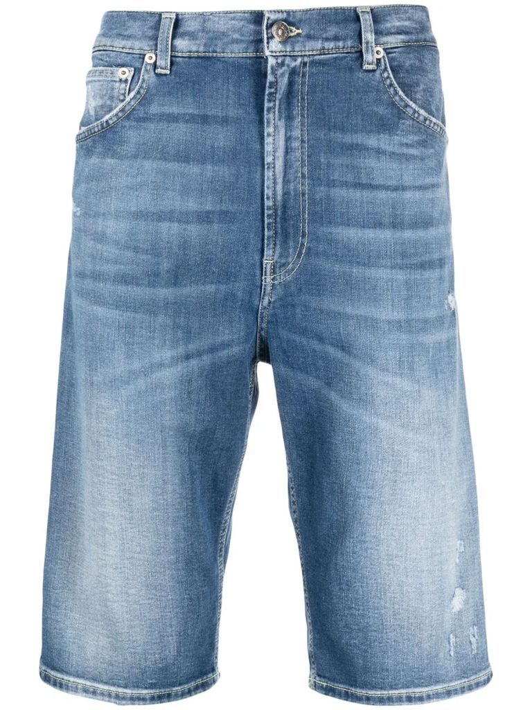 Blue Cotton Blend Washed Denim Shorts