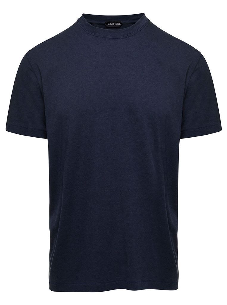 Blue Crew Neck T-Shirt With Embroidered Logo In Cotton Blend Man