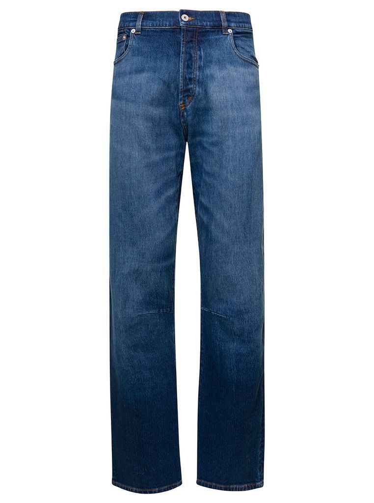 Blue Denim Straight Leg Jeans With Logo Patch In Cotton Man