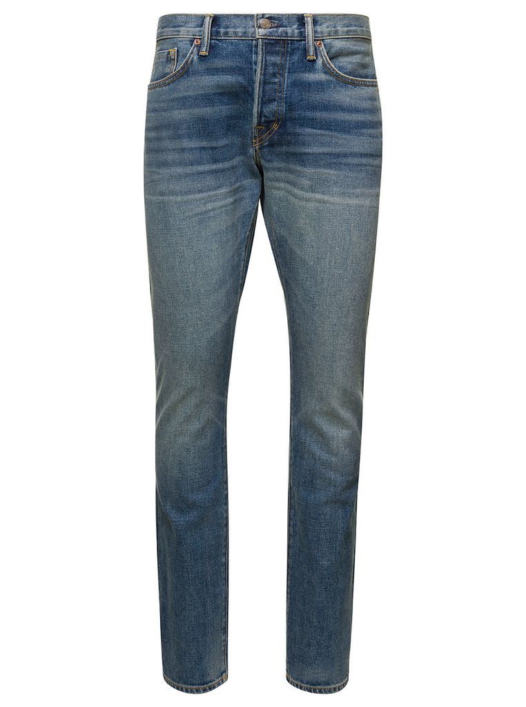 Blue Five-Pocket Slim Jeans With Logo Patch In Cotton Blend Denim Man