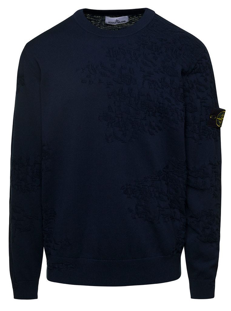 Blue Jacquard Crewneck Sweatshirt With Logo Patch On The Sleeve In Cotton Man