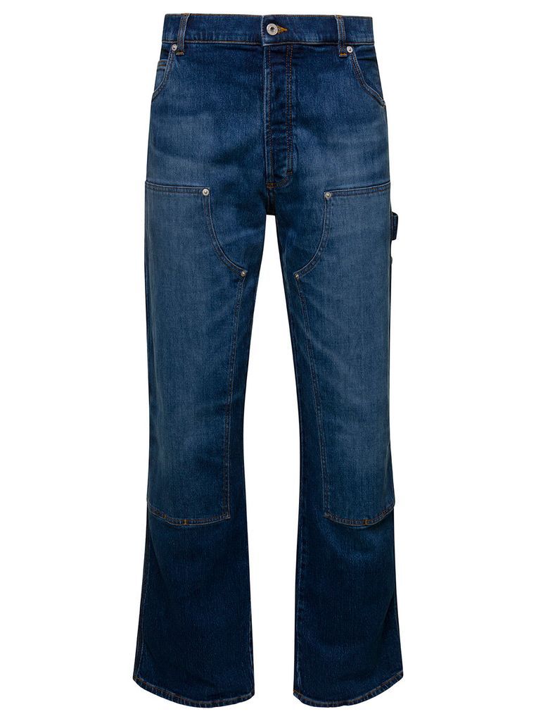 Blue Whiskering Effect Washed Denim Jeans In Cotton Man