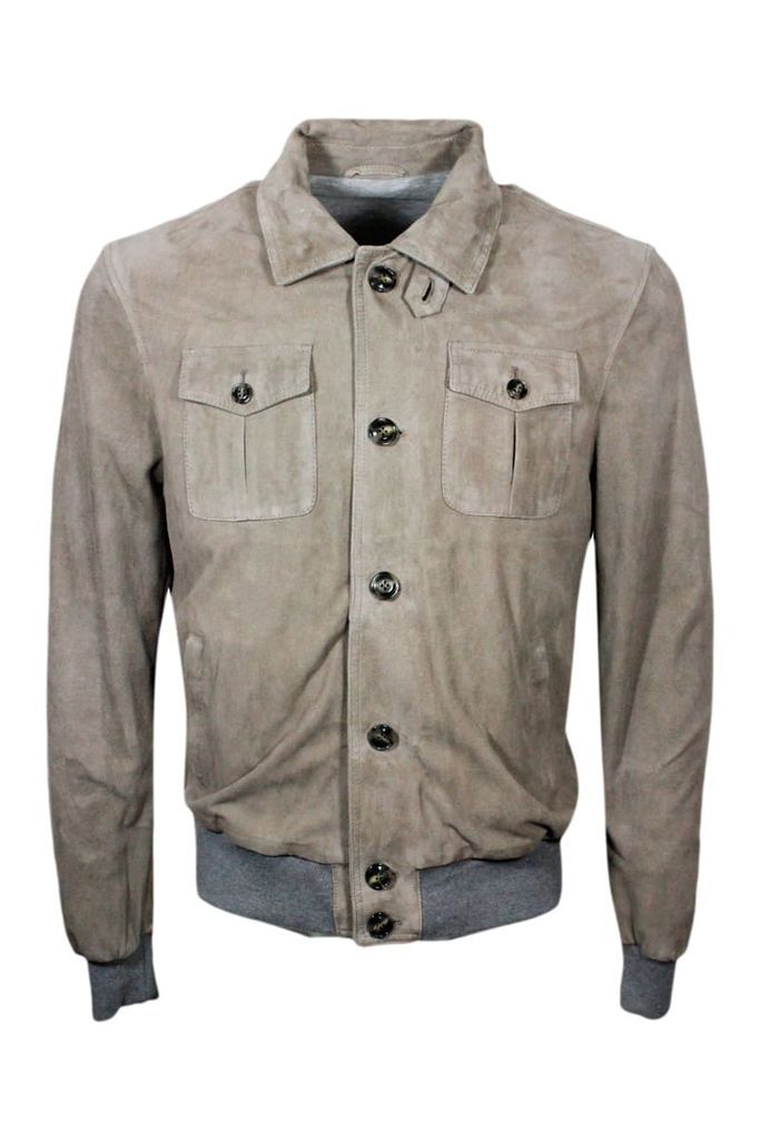 Bomber Jacket In Soft Stretch Suede With Button Closure And Cuffs And Knitted Bottom. Interior In Cotton Jersey