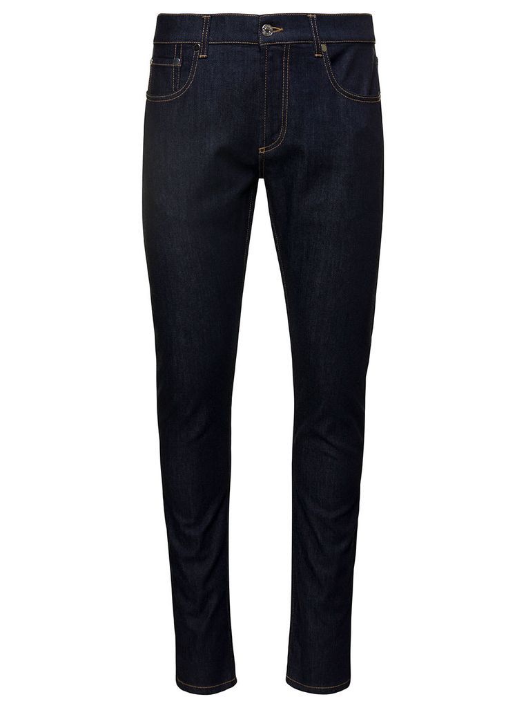 Blue Tight Pants With Metallic Logo Patch And Contrasting Stitching In Cotton Denim Man