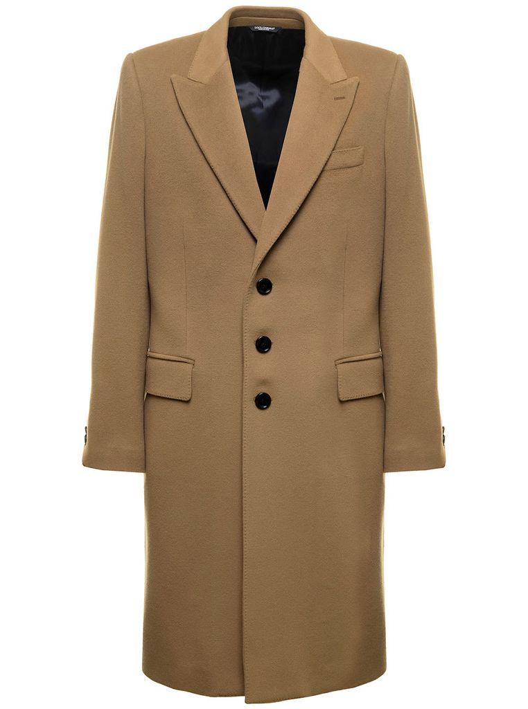 Camel Brown Single-Breasted Coat In Cashmere And Wool Man Dolce & Gabbana