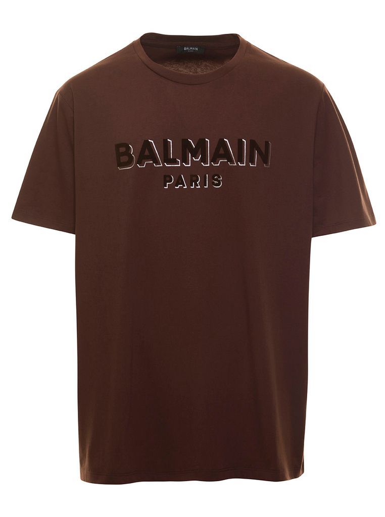 Brown Crewneck T-Shirt With Front Logo Print In Cotton Man