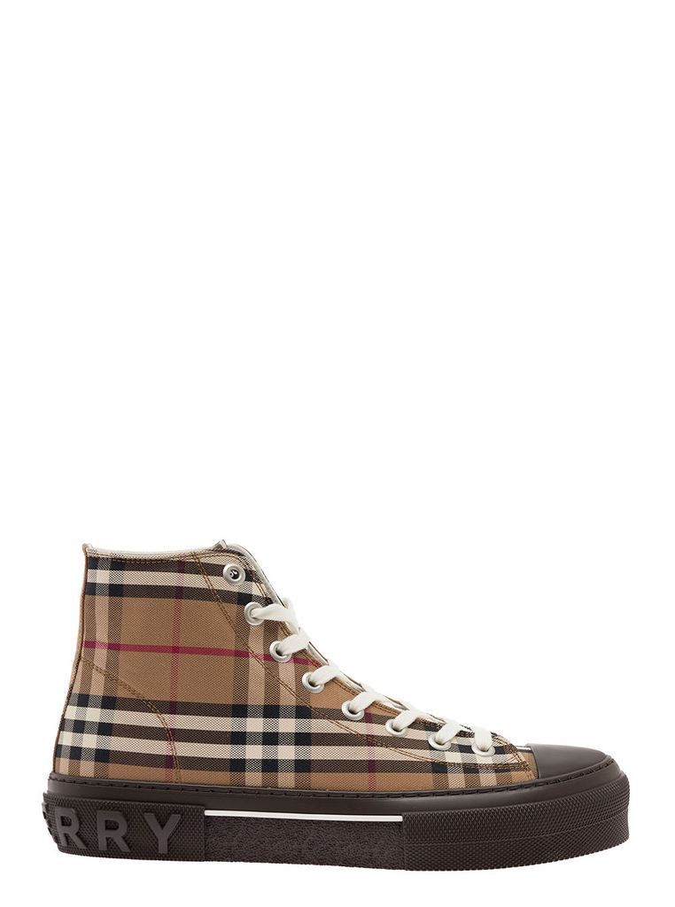Brown High-Top Sneakers With Vintage Check Motif All Over In Cotton