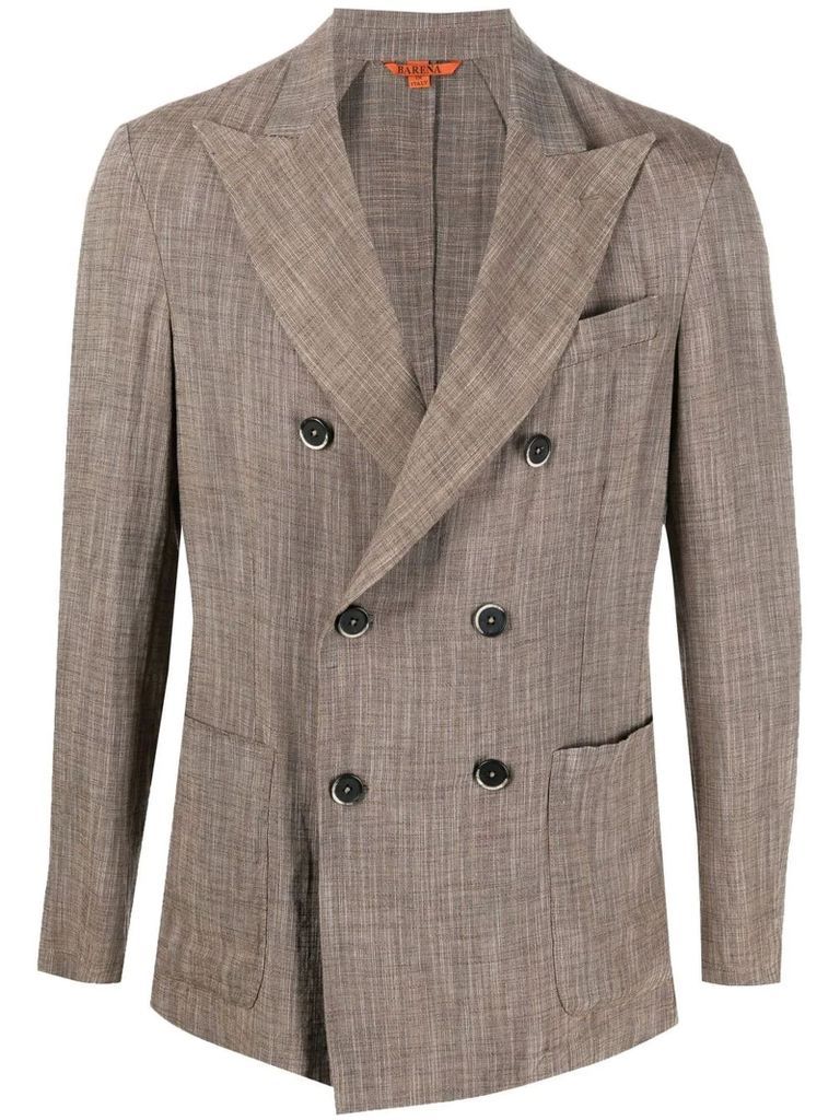 Brown Linen Blend Double-Breasted Blazer