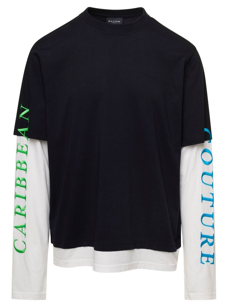Caribbean Couture Black And White Double Layer Long Sleeves T-Shirt In Organic Cotton Man Botter