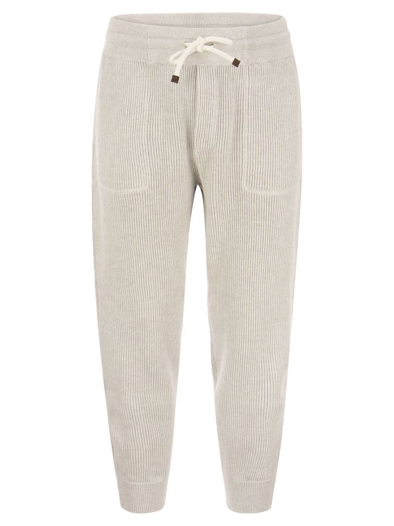 Cotton Rib Knit Joggers With Drawstring And Bottom Zip