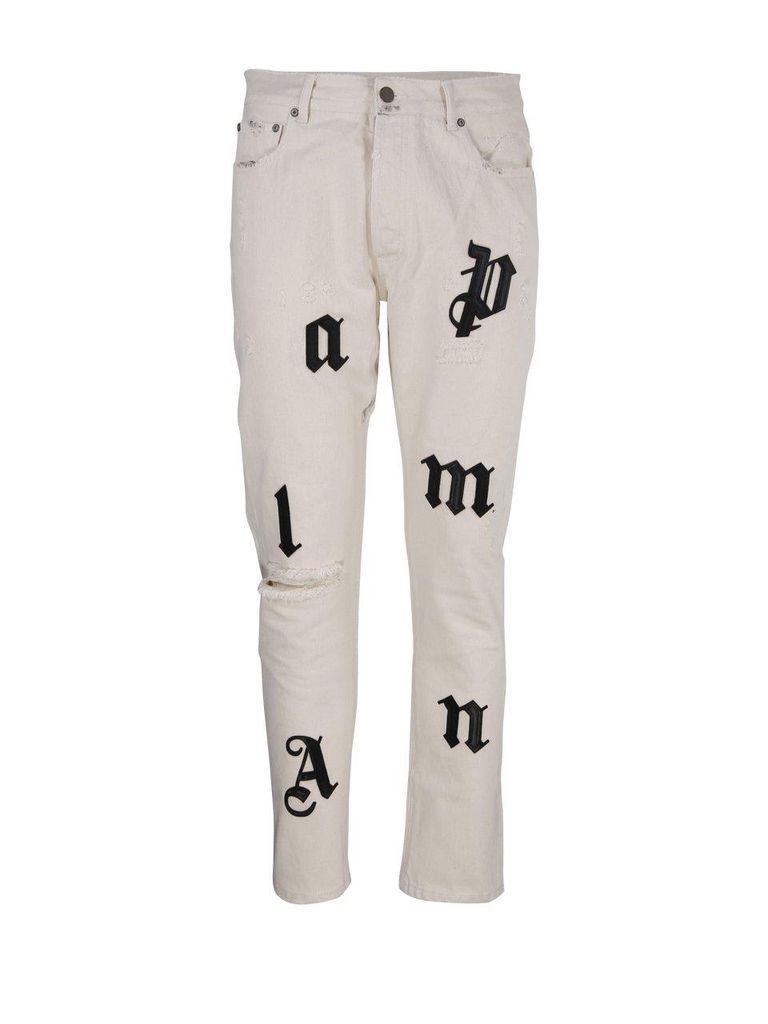 Distressed Logo-Patch Straight Leg Jeans