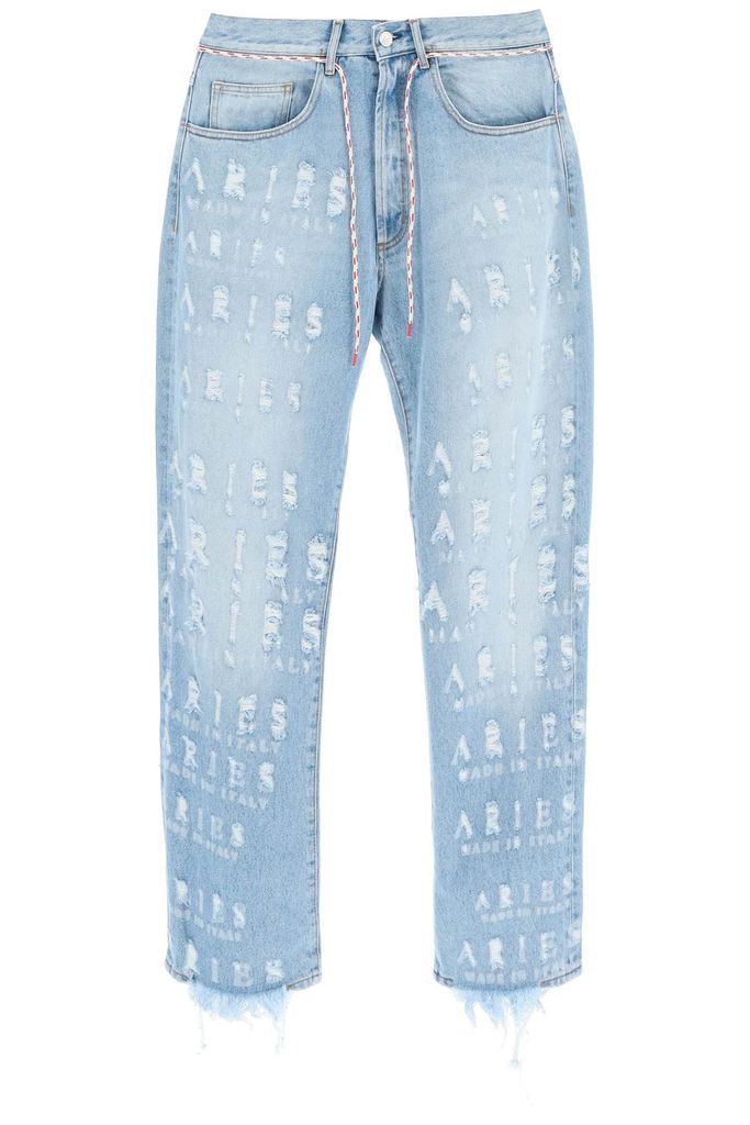 Distressed Lettering Motif Jeans