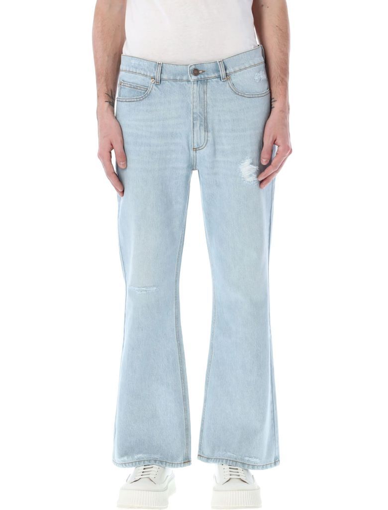 Distressed-Denim Bootcut Jeans