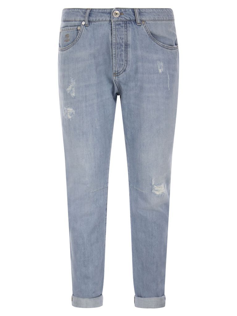 Five-Pocket Leisure Fit Trousers In Old Denim With Rips