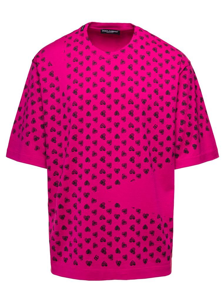 Fuchsia Oversized T-Shirt With All-Over Heart Print In Cotton Man