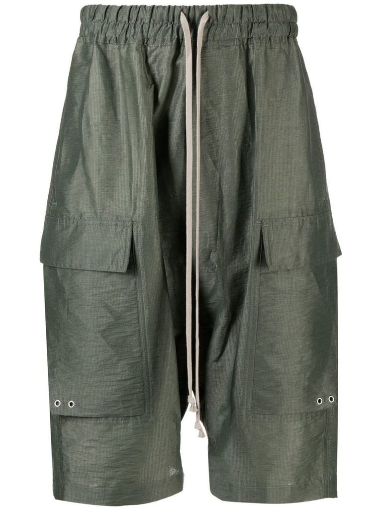 Green Linen Cargo Pods Drop-Crotch Shorts