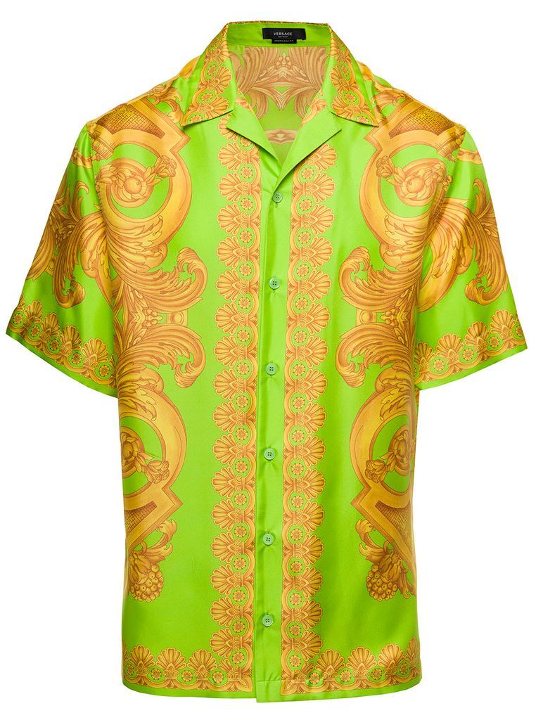Green And Gold Hawaiian Shirt With All-Over Barocco Print In Silk Man