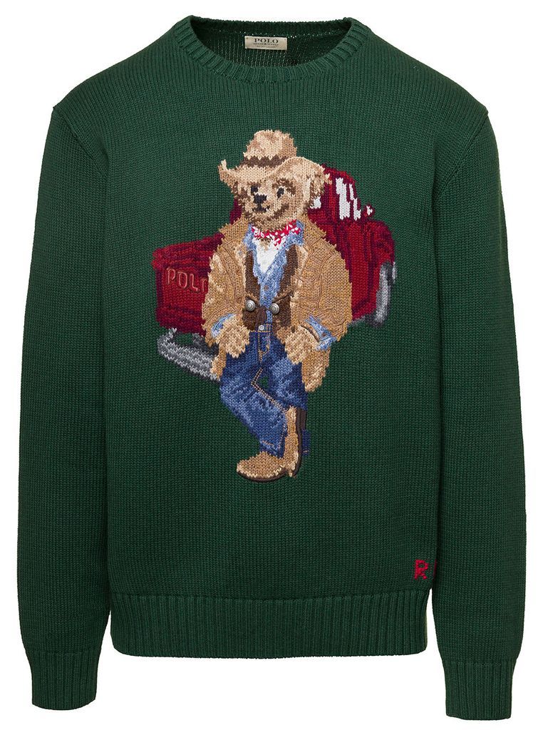 Green Knit Jumper With Polo Bear On The Chest In Cotton Man
