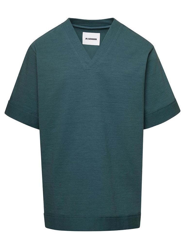 Green V-Neck T-Shirt In Cotton Stretch Man