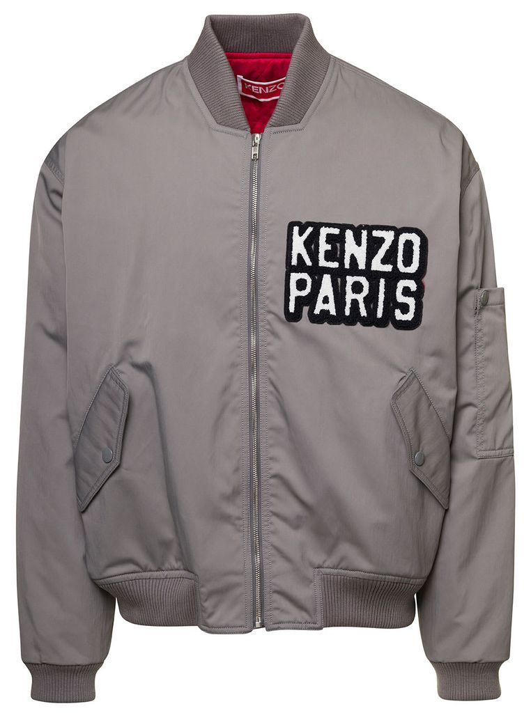 Grey Bomber Jacket With Logo Patch In Polyester Blend Man