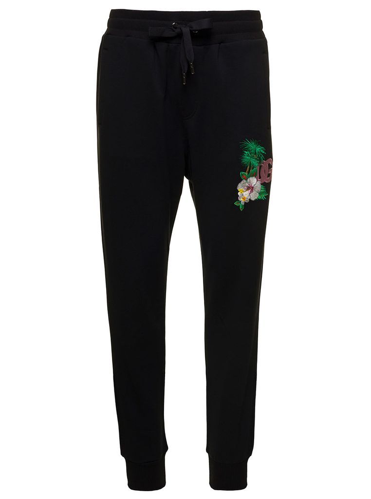 Hawaii Black Jogger Pants With Embroidery And Logo Patch Man Dolce & Gabbana