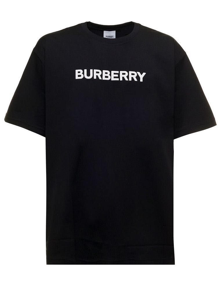 Harriston Black Cotton T-Shirt With Logo Print Man Burberry