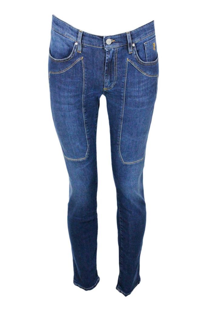 Jeans Trousers In Slim Stretch Denim With 5 Pockets With Button And Zip Closure With Tone-On-Tone Front Patch