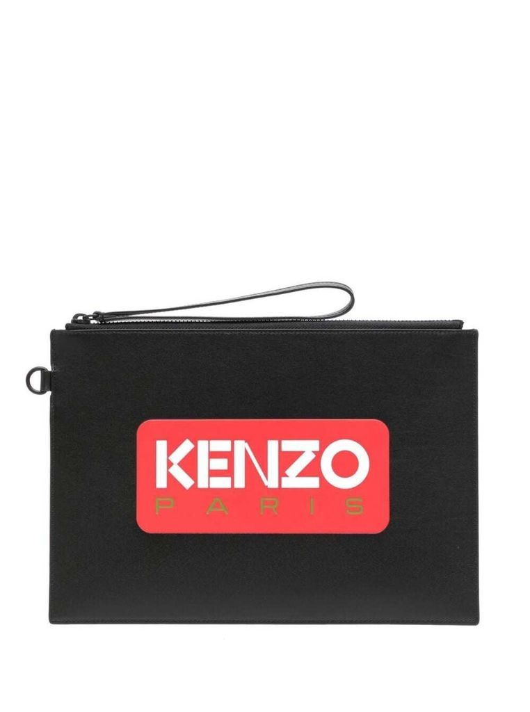 Black Clutch Bag With Printed Logo In Leather