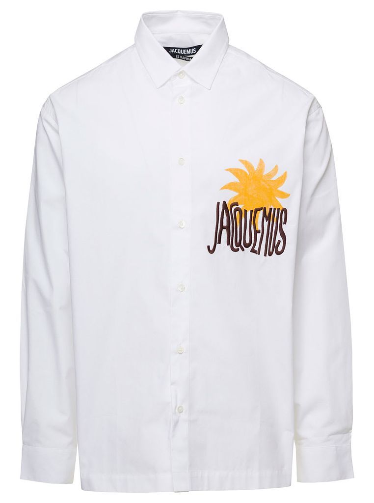 La Chemise Baou White Shirt With Lettering And Sun Print In Cotton Man