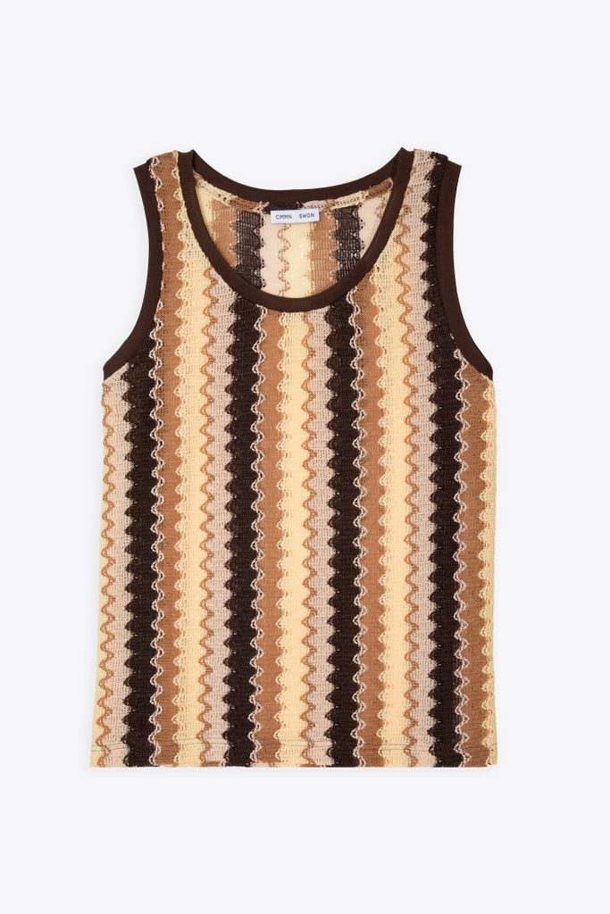 Lace Vest With Ribbed Neck And Armhole Multicolour Striped Raschel Knit Vest - Tank