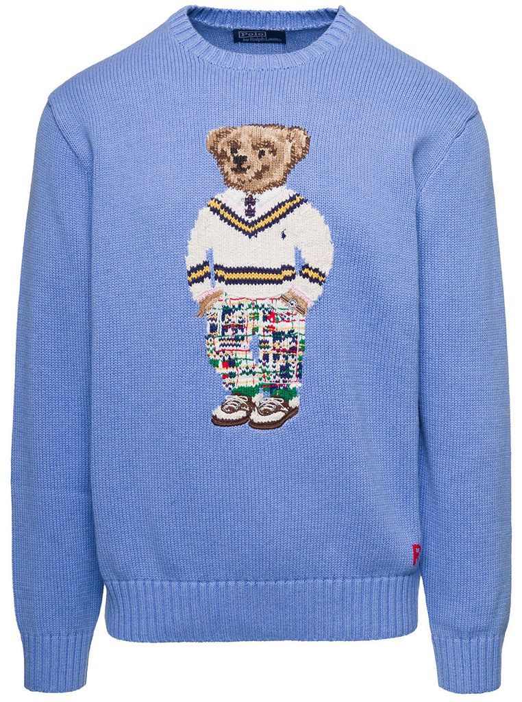 Light Blue Crewneck Knit Jumper With Polo Bear Intarsia In Cotton Man